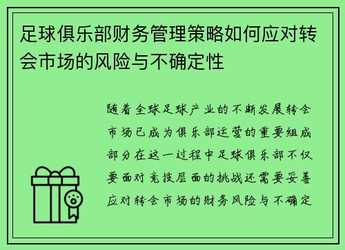 足球俱乐部财务管理策略如何应对转会市场的风险与不确定性